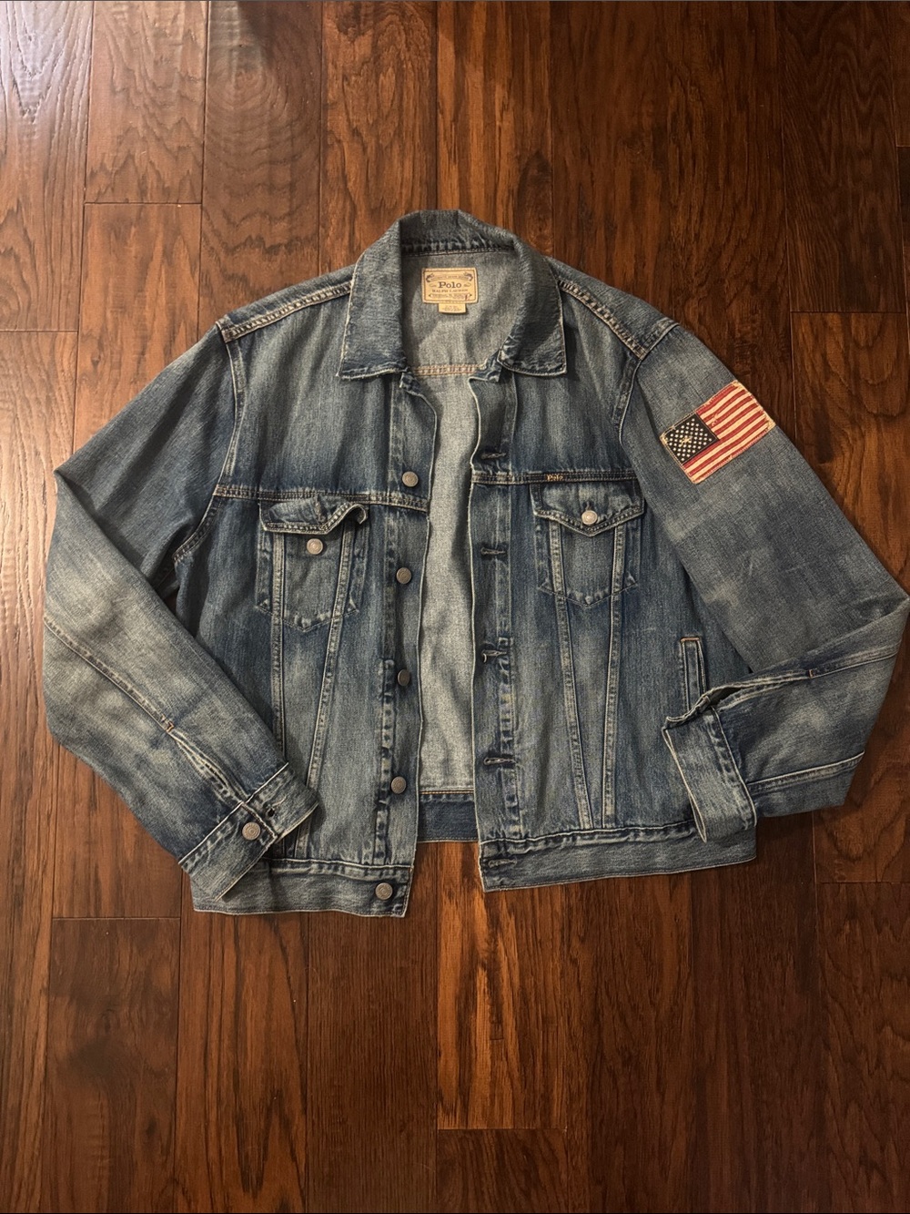 Polo by Ralph Lauren Distressed Blue Denim Jacket with Flag Patch